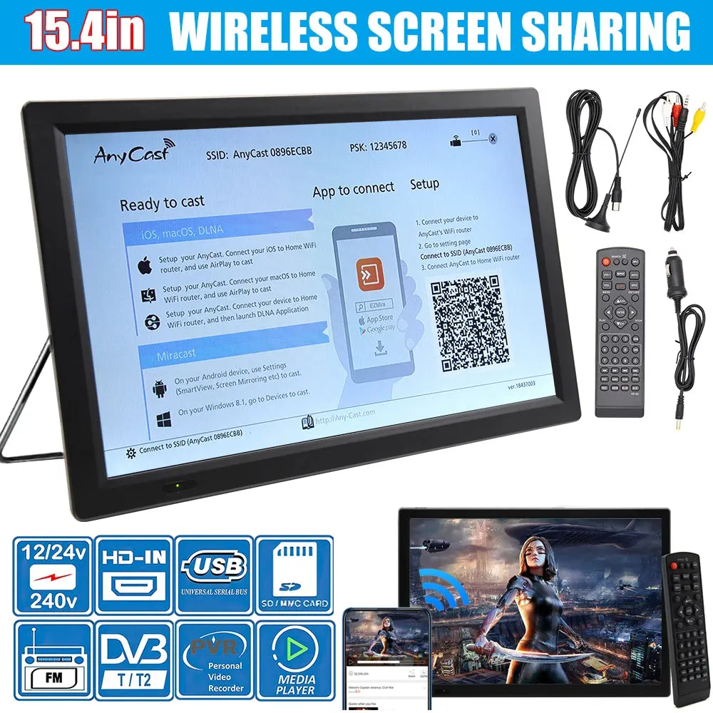 15.4 Portable Car Tv with Digital Dvb T2 and Atsc