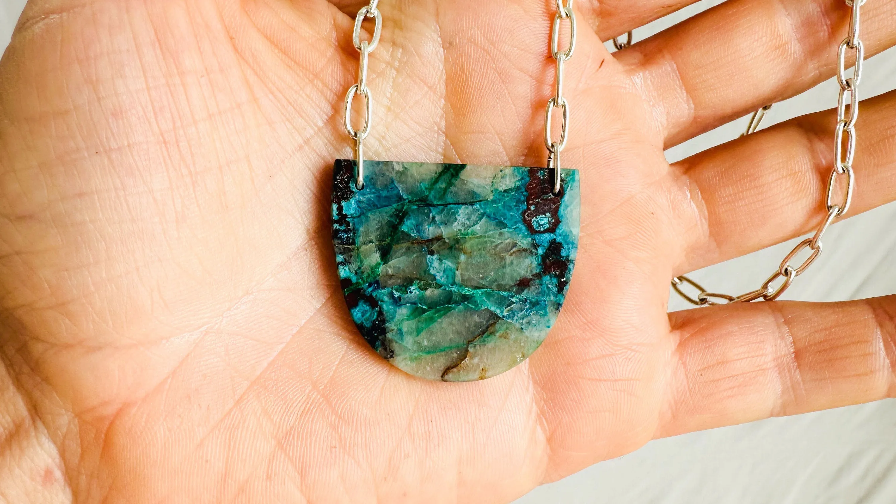 Chrysocolla Pendant & Silver Chain Necklace. 2512