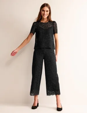 Cropped Wide-Leg Lace Trousers-Black