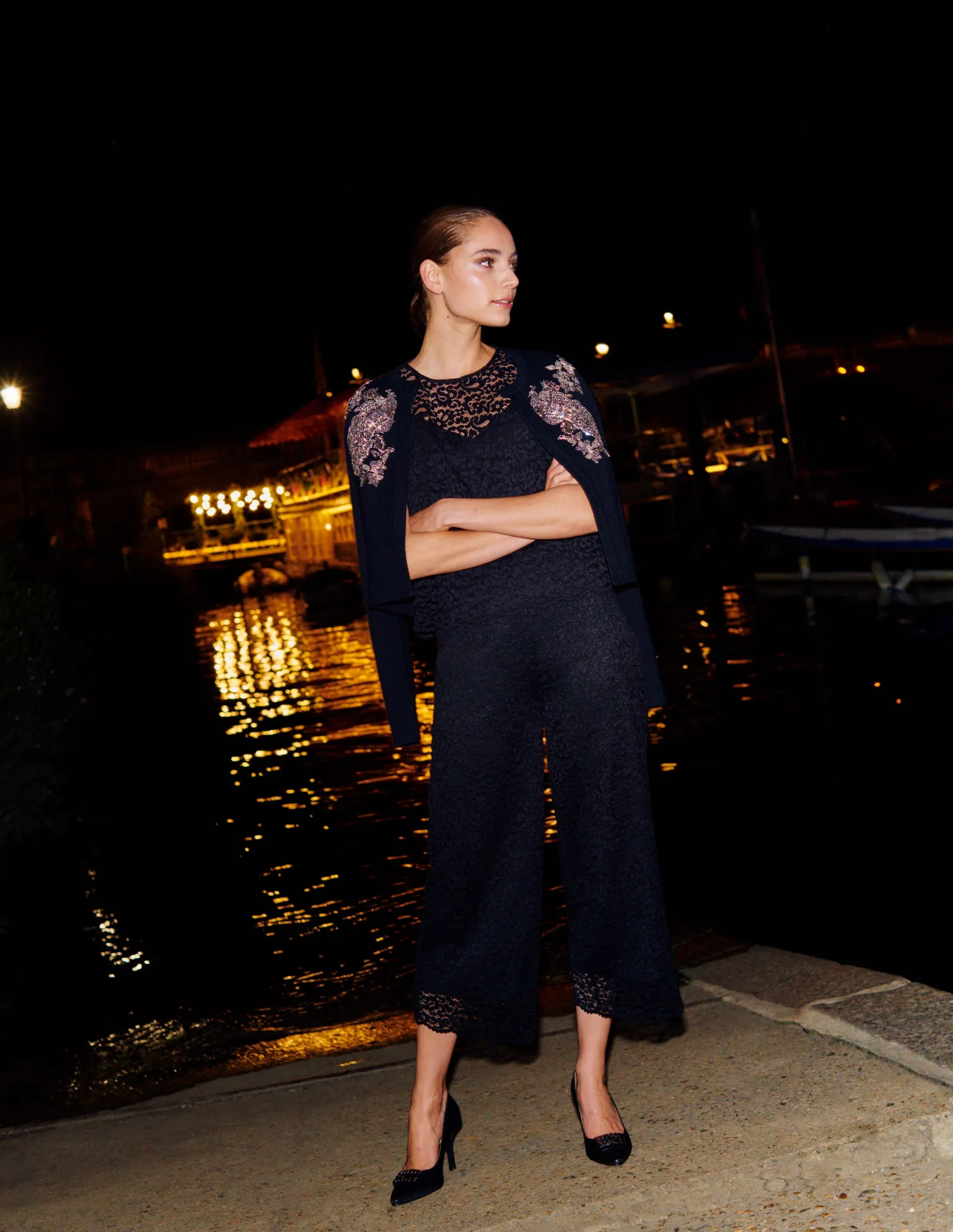 Cropped Wide-Leg Lace Trousers-Black