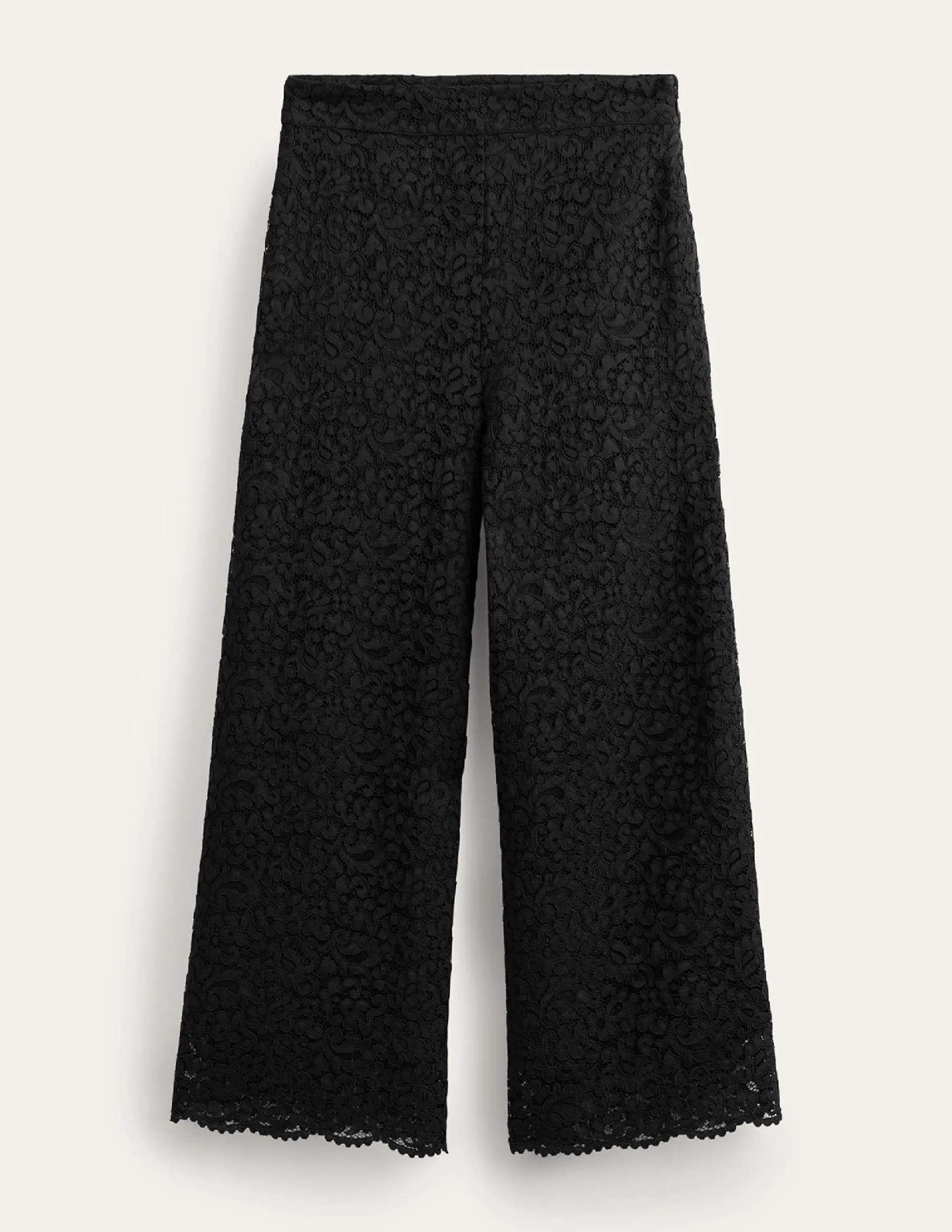 Cropped Wide-Leg Lace Trousers-Black
