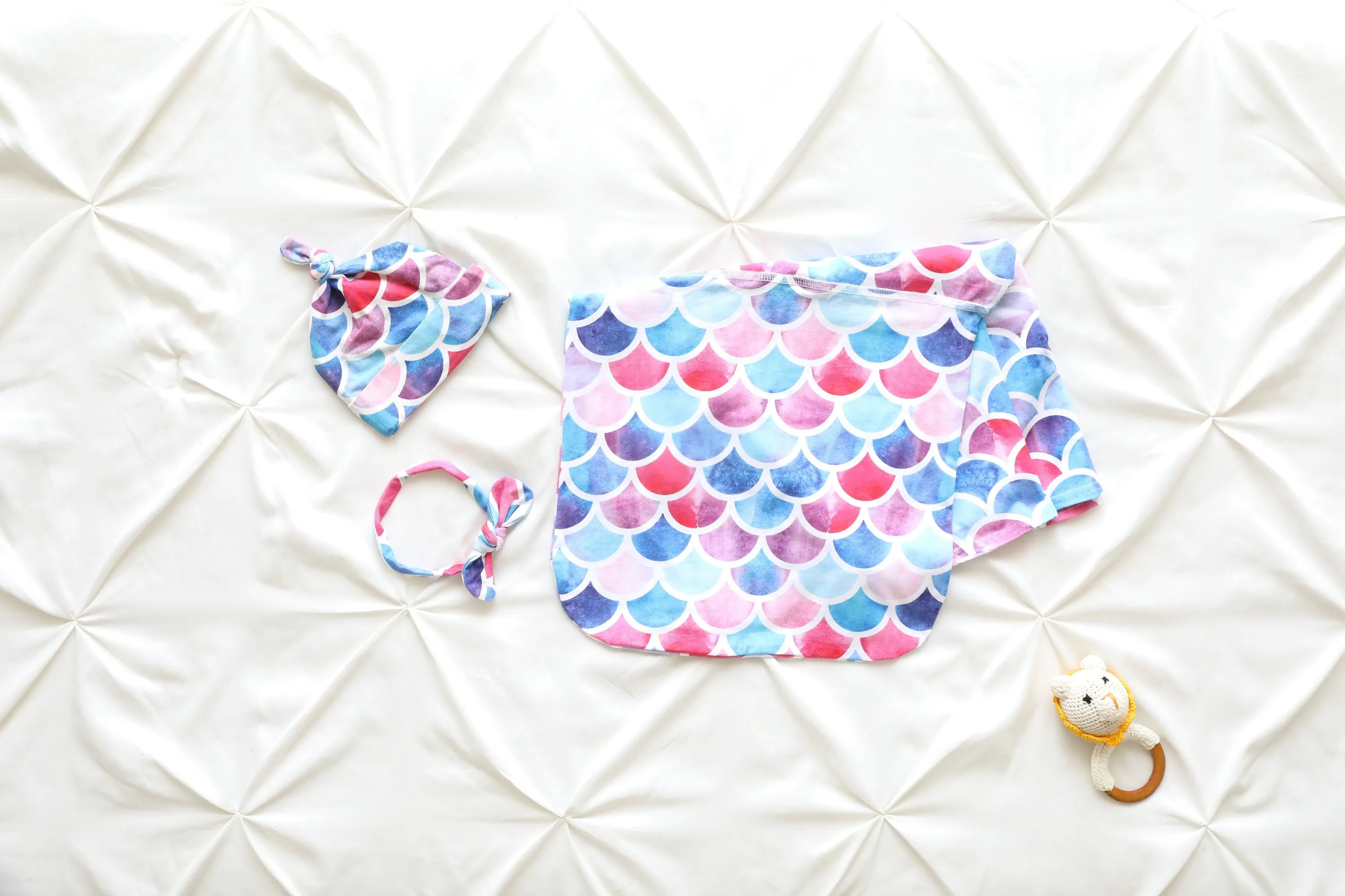 Mermaid Scales Baby Swaddle Blanket, Bow Headband & Personalized Hat  Comfortable Wrap for Newborns