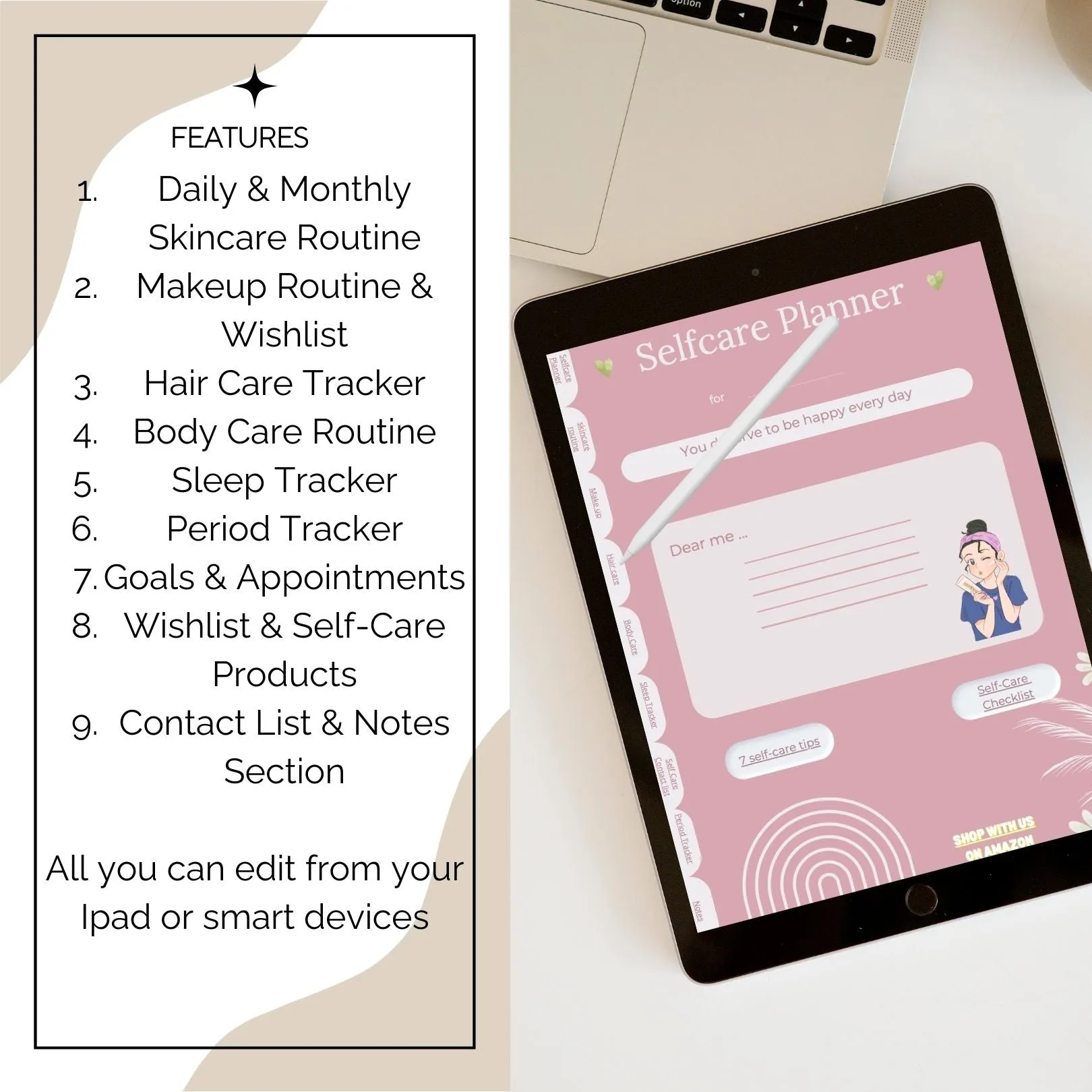 Self-Care Planner for iPad | Interactive Skincare, Makeup, Hair Care, Body Care, Sleep &amp; Period Trackers | Digital Habit &amp; Wellness Organizer